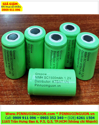 Pin sạc 1.2v SC1500mAh, Pin sạc công nghiệp đầu bằng NiMh SC1500mAh 1.2v, Cell pin Grepow NiMh SC1500mAh 1.2v